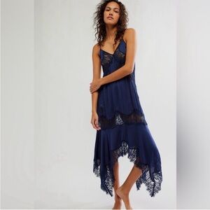 NWOT Free People Sunsetter Maxi Slip Dress Midnight Rain Lace Satin Navy